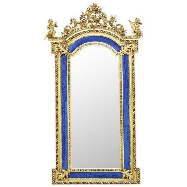 Casa Padrino Barockspiegel "Barock Standspiegel mit dekorativen Engelsfiguren Royalblau / Gold - Handgefertigter Massivholz Spiegel im Barockstil - Barock Möbel - Edel & Prunkvoll"