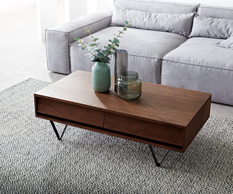 Couchtisch Eloi 115x60 cm Akazie Braun 4 Schubladen V-Fuß Schwarz
