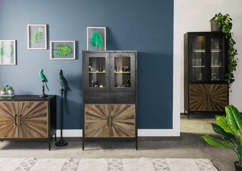 Highboard Sheesham 80x45x145 schwarz lackiert SUN #104